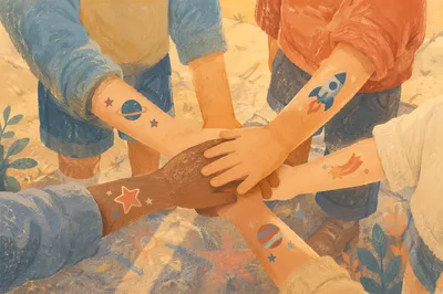 Children Stacking Hands in Teamwork Circle