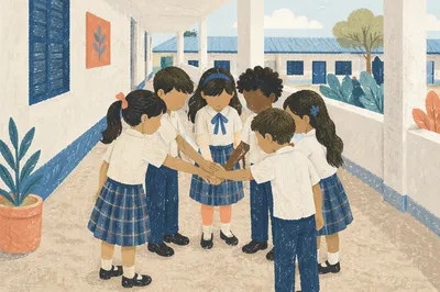 Children Stacking Hands in School Friendship Circle