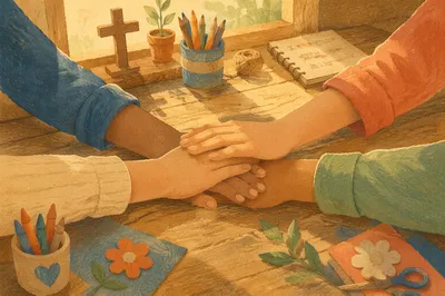 Children Stacking Hands in Faithful Teamwork