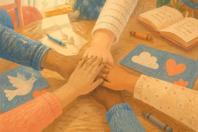 Children Hands United in Classroom Teamwork