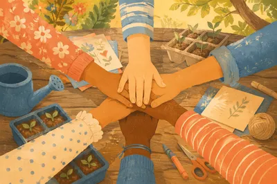 Children Hands Stacked in Garden Teamwork
