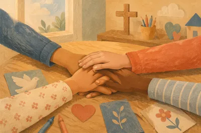 Children’s Hands United Around Faith Classroom Table