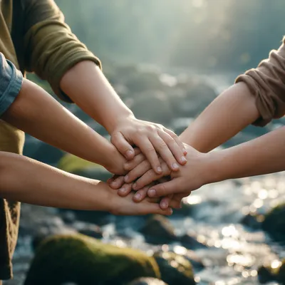 Children’s Hands Stacked in Outdoor Teamwork