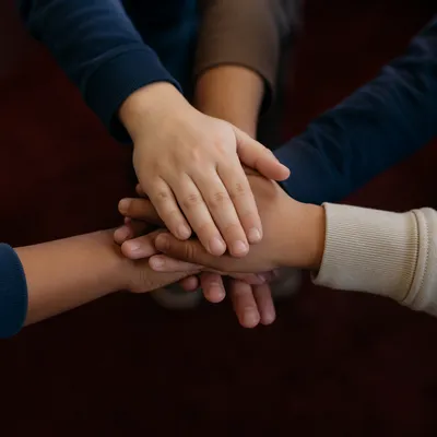 Children Hands Stacked in Teamwork Gesture