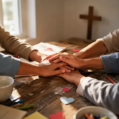 Children Hands United Around Wooden Table