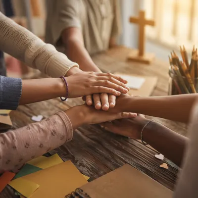Children Stacking Hands in Church Teamwork