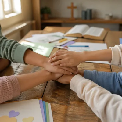 Children’s Hands United in Classroom Teamwork