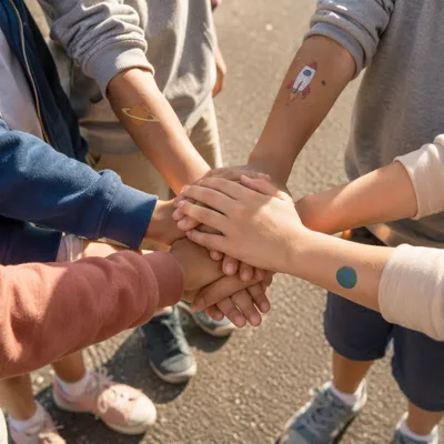 Children Stacking Hands in Teamwork Circle