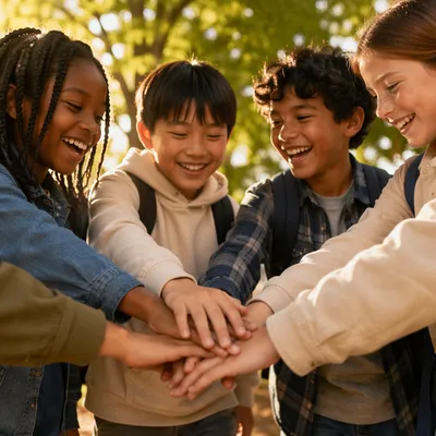 Children Stacking Hands in Sunny Park