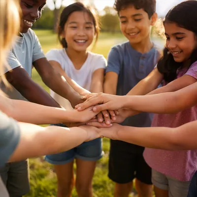 Children Hands Stacked on Sunny Grass