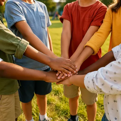 Children Stacking Hands on Sunny Field