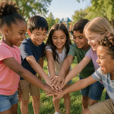Children Stacking Hands Together in Sunny Park