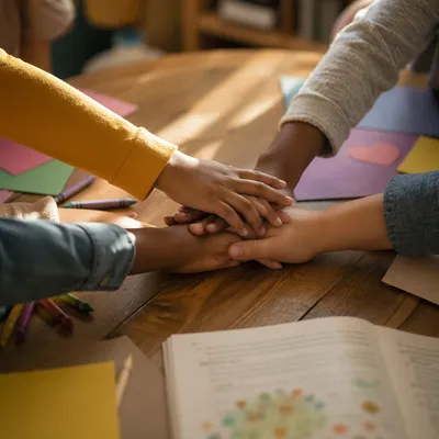 Children Hands Stacked in Classroom Teamwork