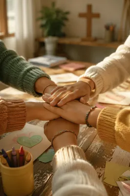 Children Stacking Hands in Faithful Teamwork