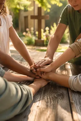 Children Stacking Hands in Faithful Teamwork