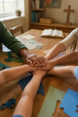 Children Hands Stacked in Christian Classroom