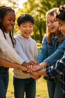 Children Stacking Hands in Sunny Park