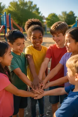 Children Stacking Hands on School Playground