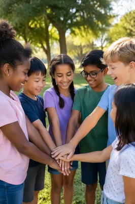 Children Stacking Hands in Sunny Park