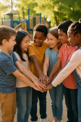 Children Stacking Hands in Sunny Schoolyard