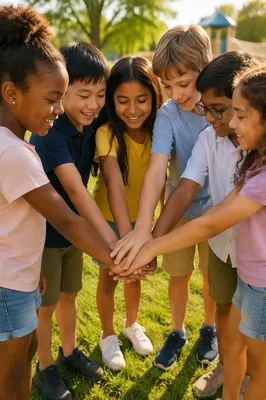 Children Stacking Hands Together in Sunny Park