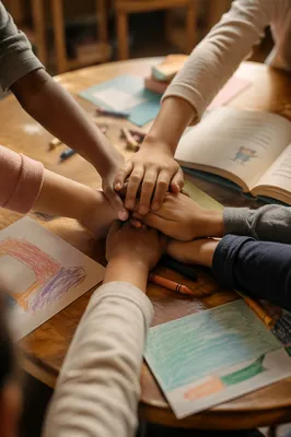 Children’s Hands Stacked in Classroom Teamwork