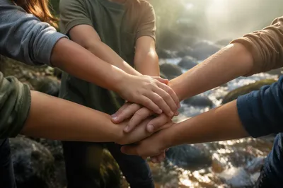 Children’s Hands Stacked in Outdoor Teamwork