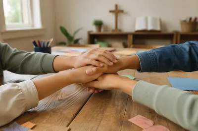 Children Stacking Hands in Christian Classroom