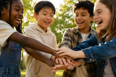 Children Stacking Hands in Sunny Park