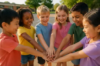 Children Stacking Hands on School Playground