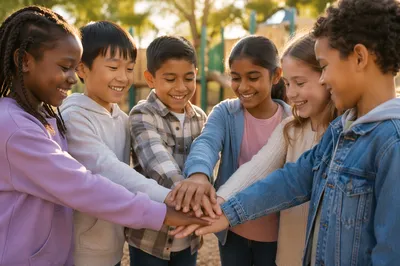 Children Stacking Hands on School Playground