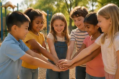 Children Stacking Hands in Sunny Schoolyard
