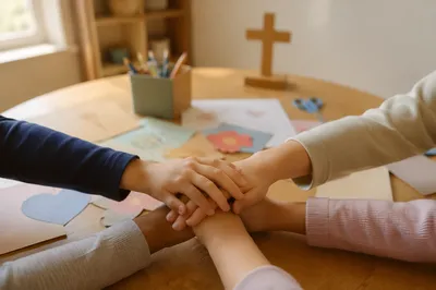 Children Hands Stacked in Faith Classroom