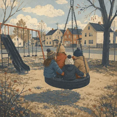 Children Playing on Neighborhood Playground Swing