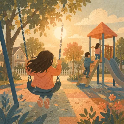 Children Playing on Swings at Sunset