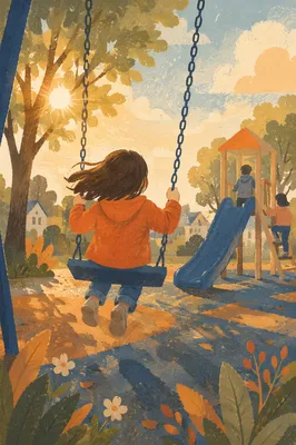 Children Playing on Swings at Sunset