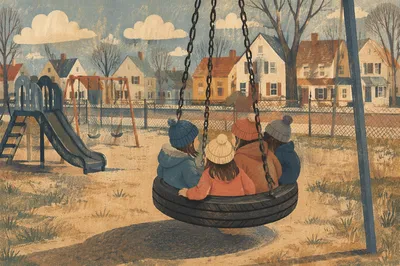 Children Playing on Neighborhood Playground Swing