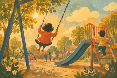 Children Playing on Sunny Playground Swings