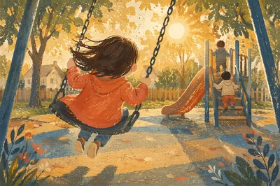 Children Playing on Swings at Sunset