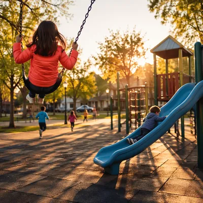 Children Playing on Playground at Golden Hour