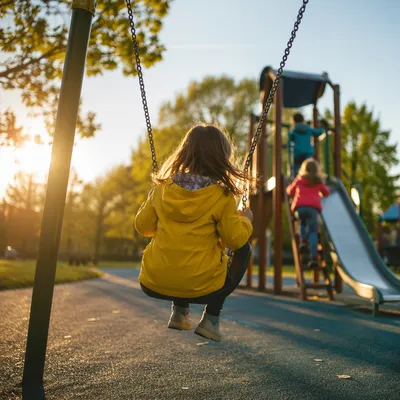 Children Playing on Swings at Sunset
