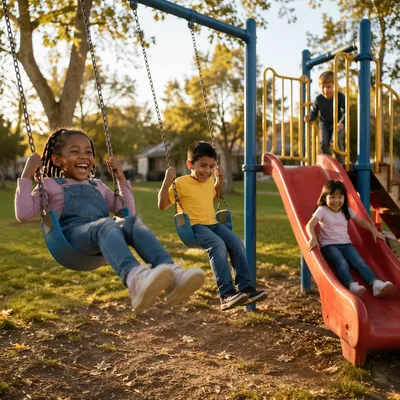 Children Playing at Sunny Neighborhood Playground