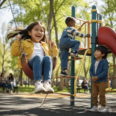 Children Playing on Sunny Neighborhood Playground