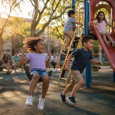 Children Playing on Playground at Golden Hour
