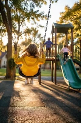 Children Playing on Swings at Sunset