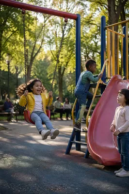Children Playing on Sunny Neighborhood Playground