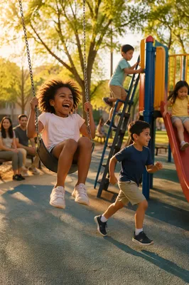 Children Playing on Playground at Golden Hour