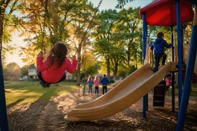 Children Playing on Sunny Neighborhood Playground