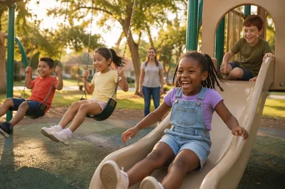 Children Playing on Playground at Sunset