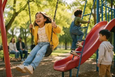 Children Playing at Sunny Neighborhood Playground